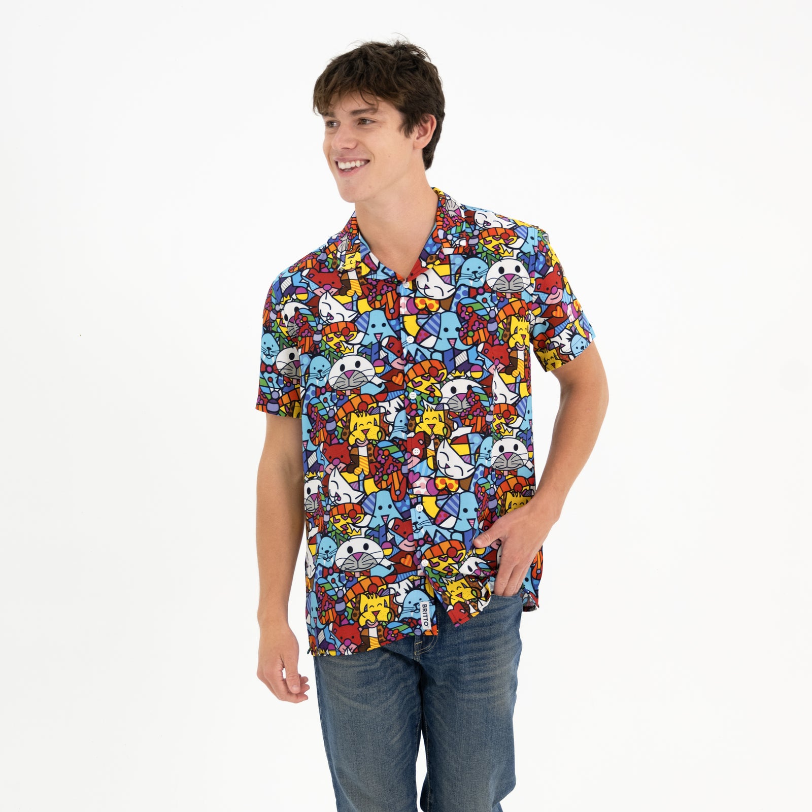Romero Britto britto mens short sleeve button  colorful pop art design