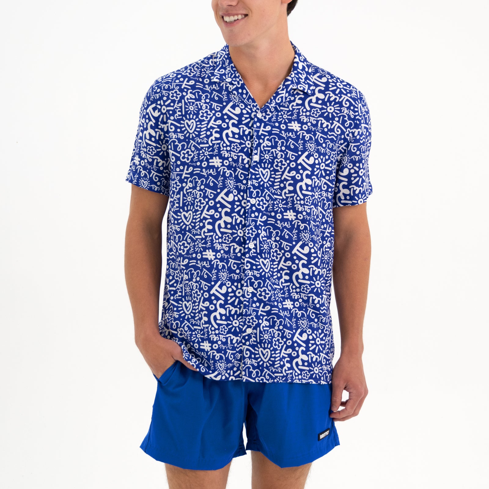 BRITTO® MEN'S SHORT SLEEVE BUTTON DOWN SHIRT - BLUE/WHITE GRAFFITI