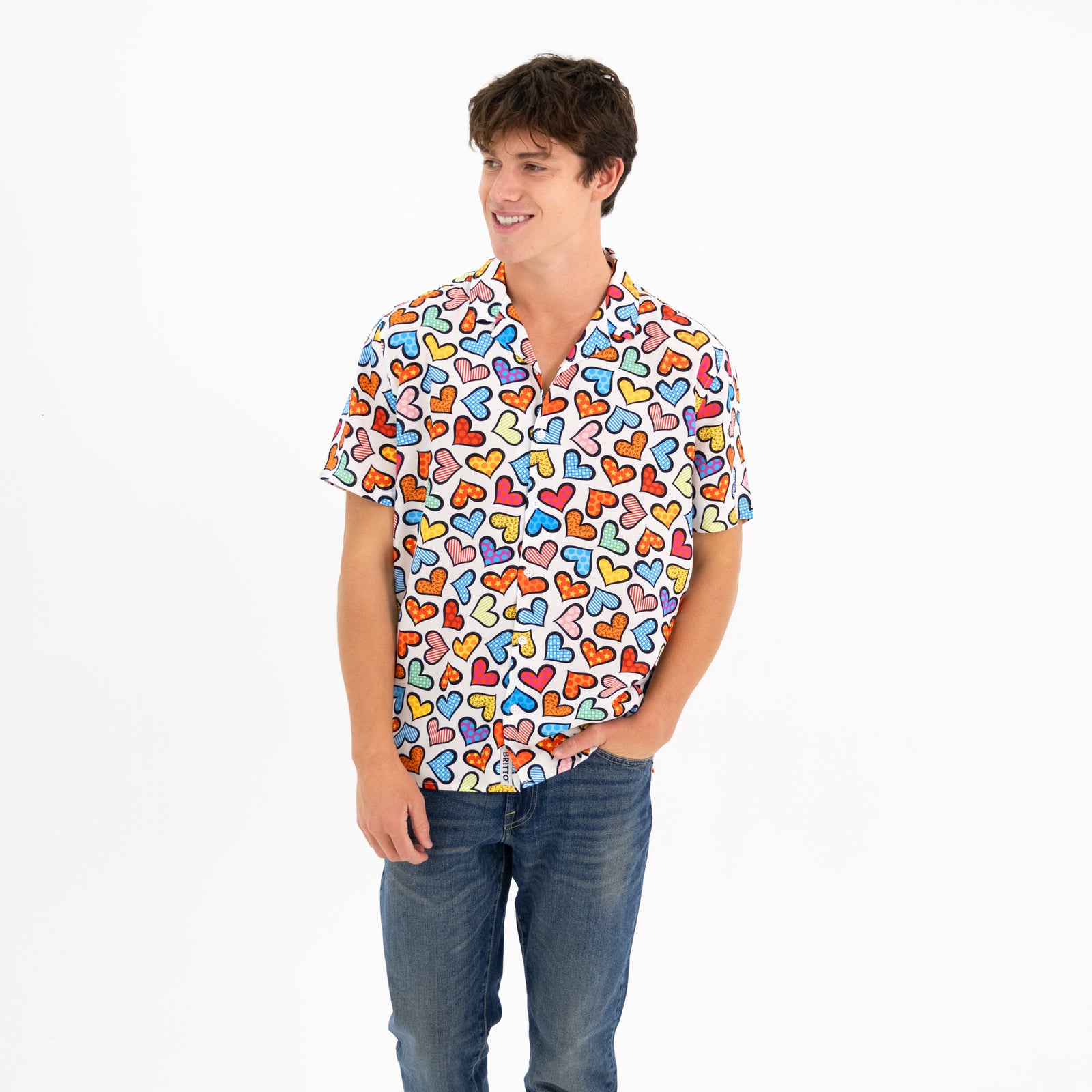 BRITTO® MEN'S SHORT SLEEVE BUTTON DOWN SHIRT - COLORFUL HEARTS