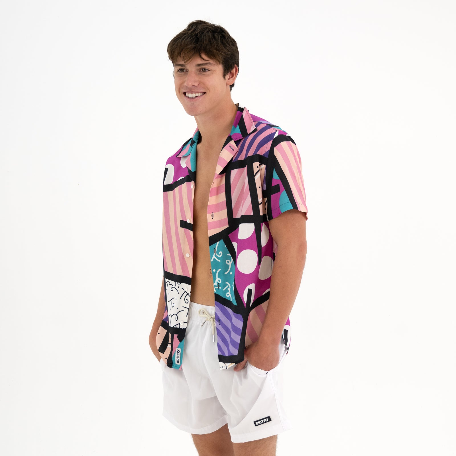 BRITTO® MEN'S SHORT SLEEVE BUTTON DOWN SHIRT - LANDSCAPE PINK
