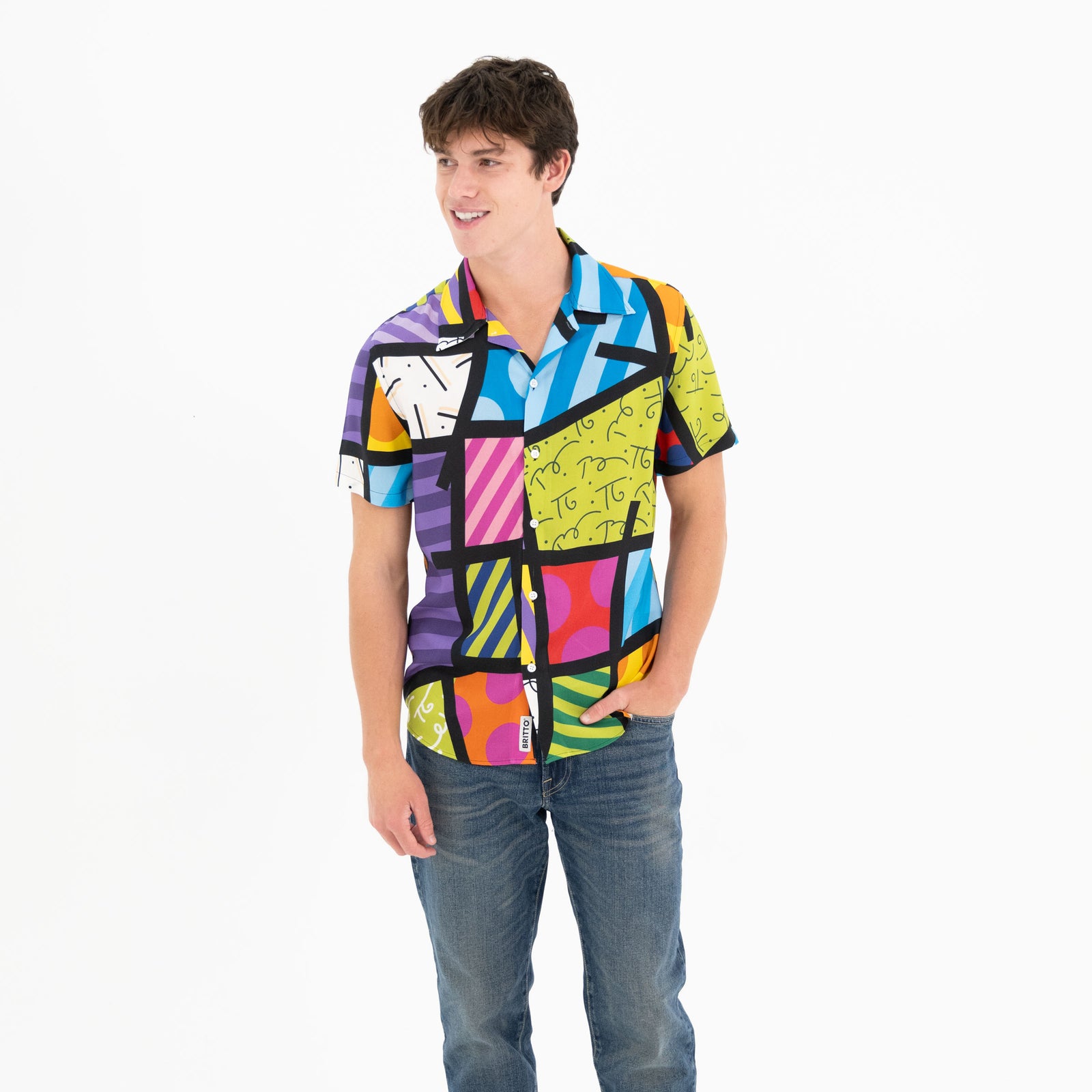 BRITTO® MEN'S SHORT SLEEVE BUTTON DOWN SHIRT - LANDSCAPE LIME GREEN