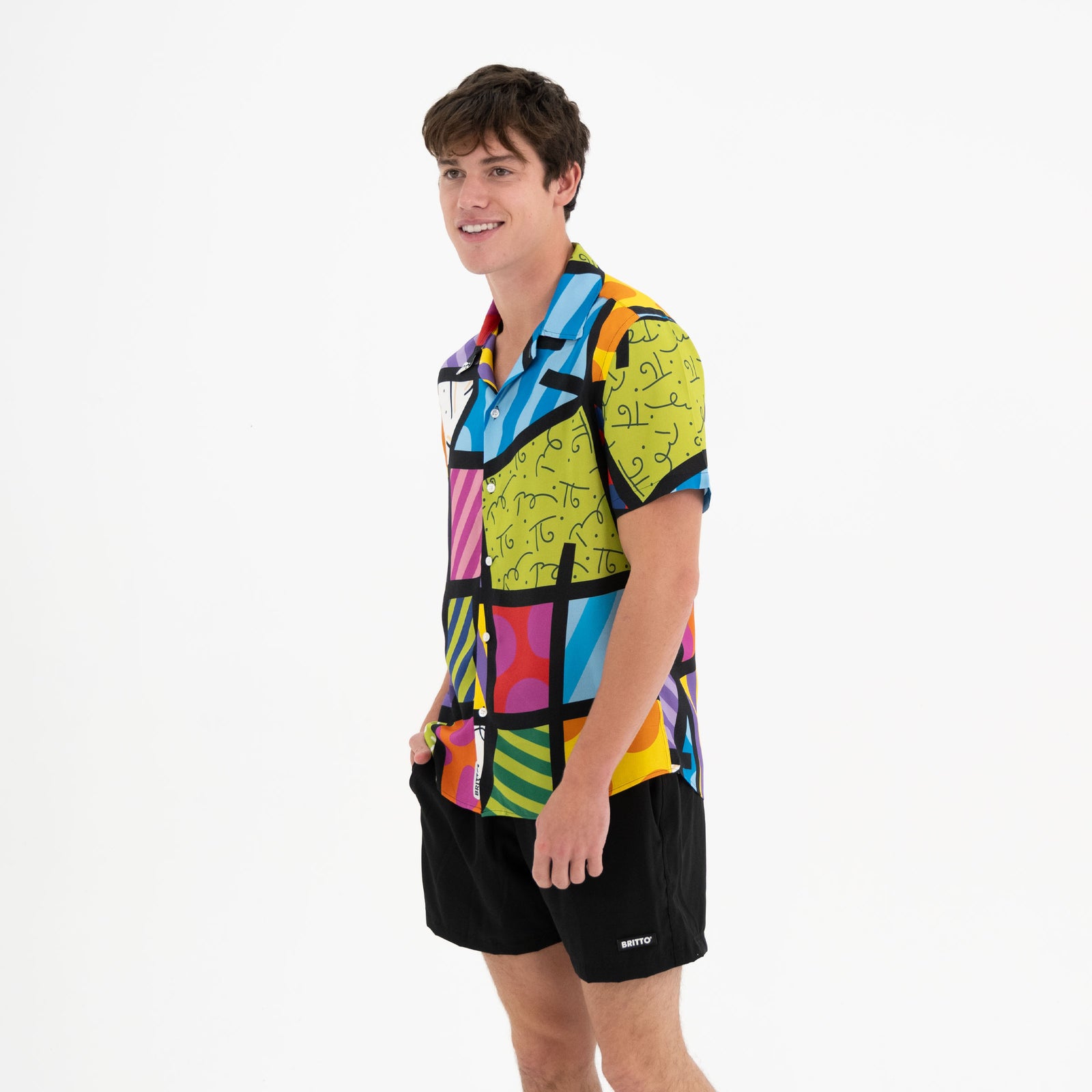 Romero Britto lime green landscape mens short  contemporary pop art piece