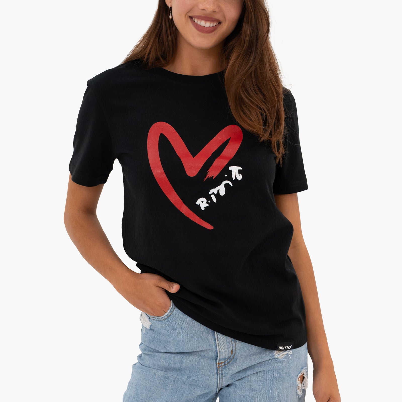 BRITTO® T Shirt - Red Heart Brushstroke Black - (Women)