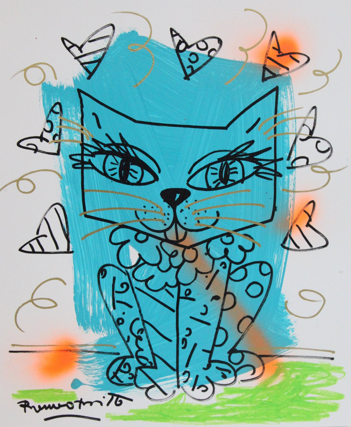 Romero Britto aqua cat original drawing  colorful pop art design