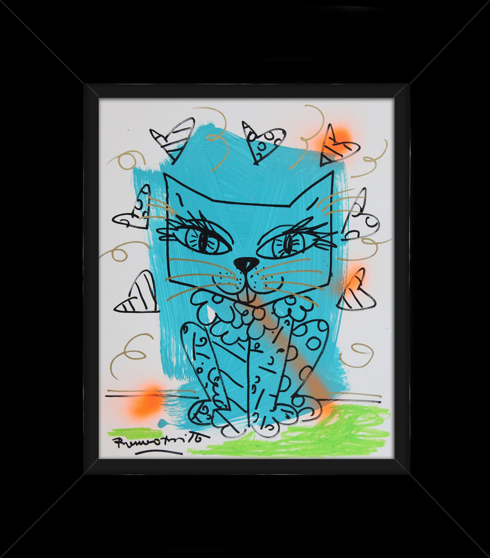 Romero Britto aqua cat original drawing  contemporary pop art piece