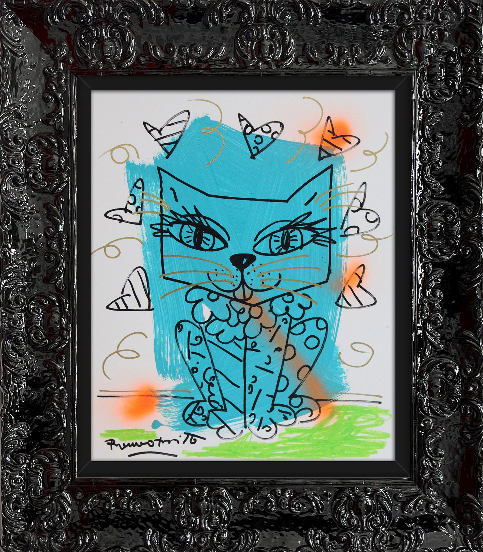 aqua cat original drawing  colorful decorative collectible gift idea