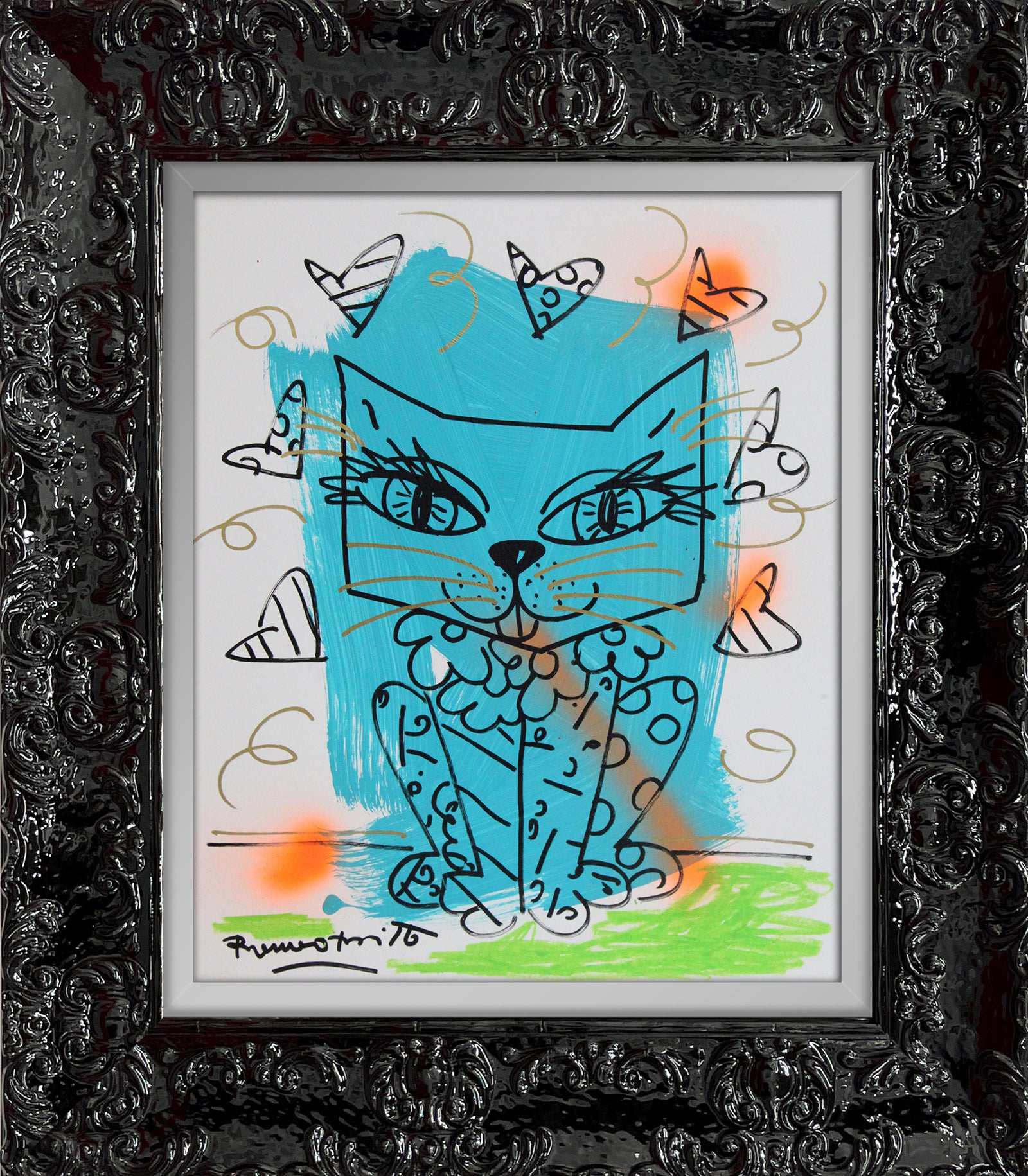 modern pop art aqua cat original drawing  vibrant home decor