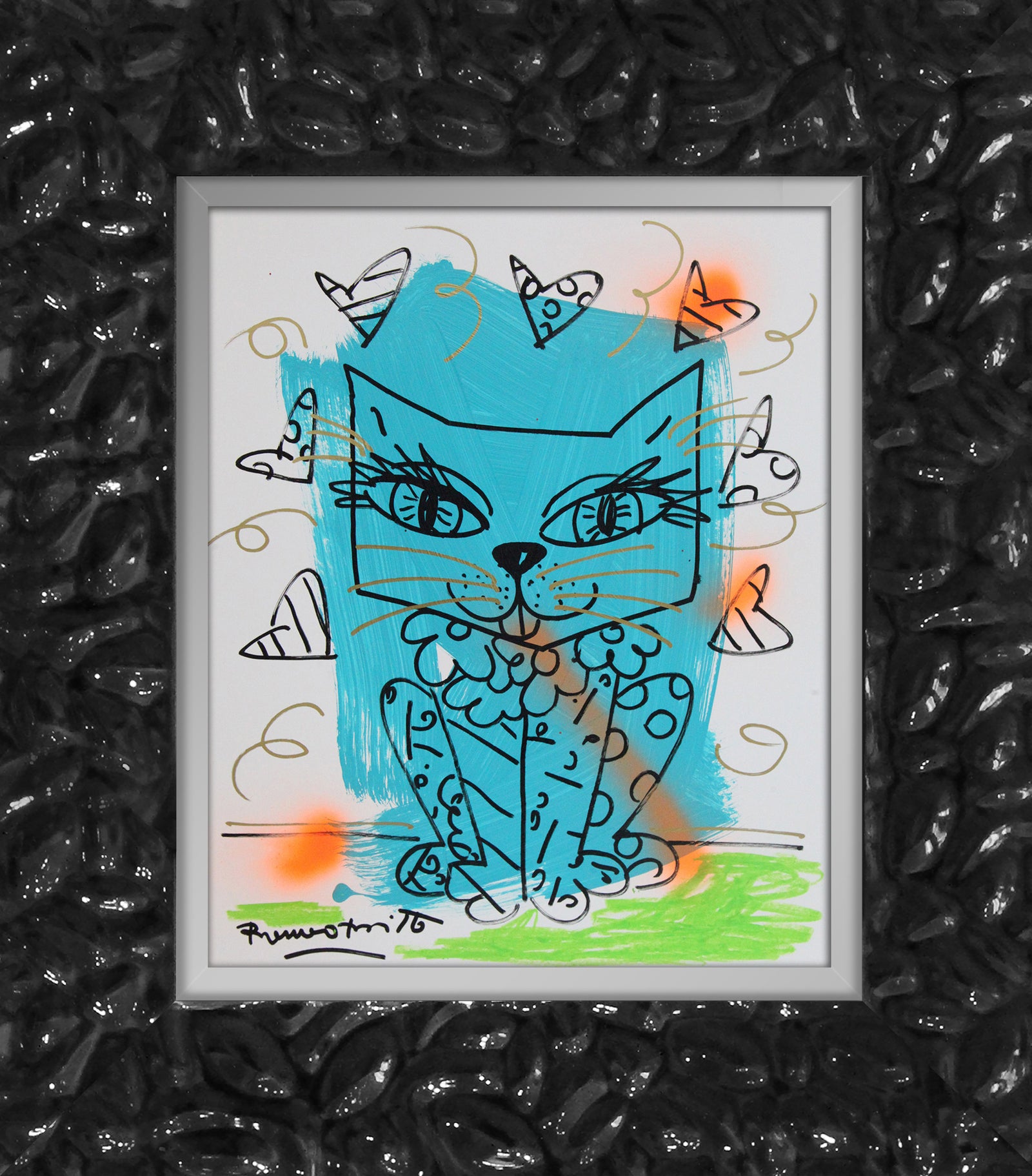 Romero Britto aqua cat original drawing  contemporary pop art piece