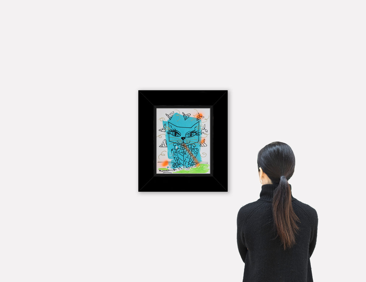modern pop art aqua cat original drawing  vibrant home decor