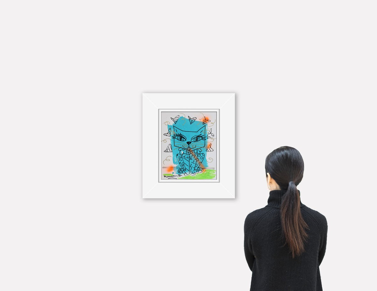 aqua cat original drawing  artistic colorful design collectible