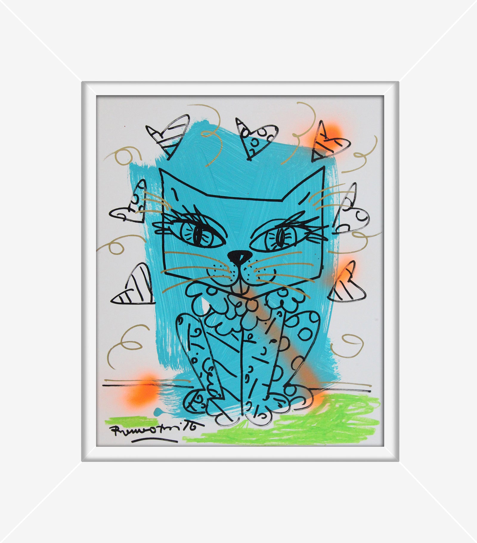 Romero Britto aqua cat original drawing  colorful pop art design