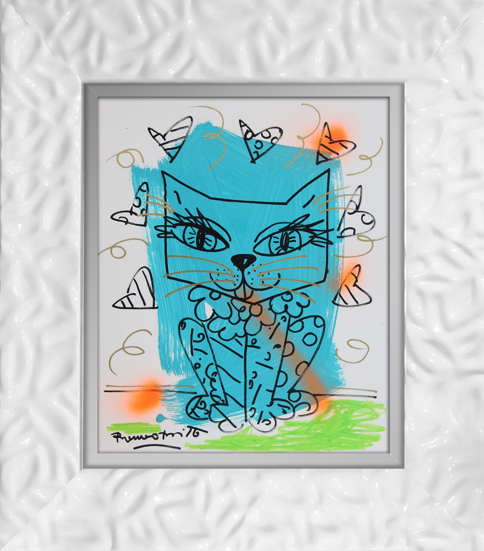 aqua cat original drawing  colorful decorative collectible gift idea