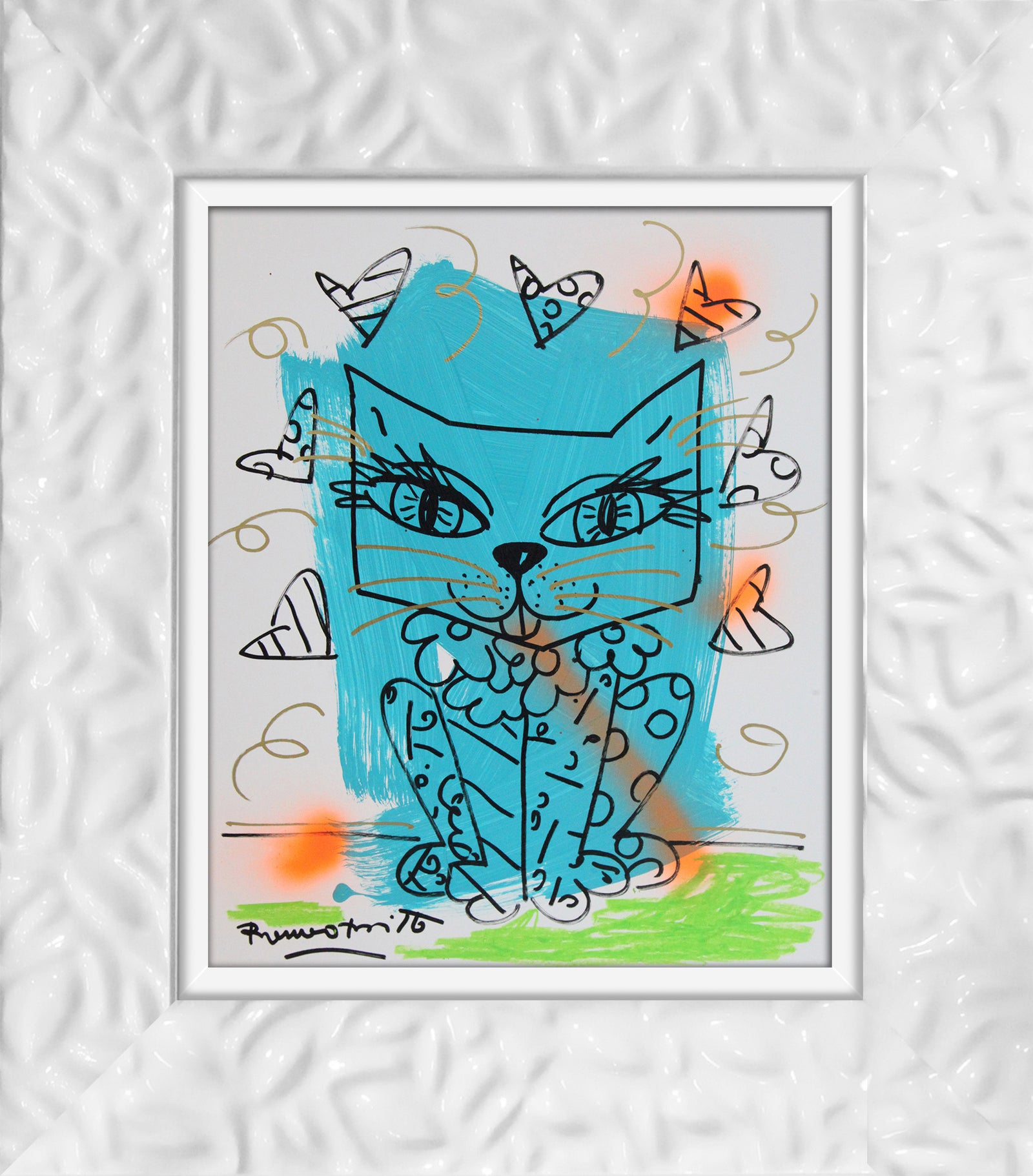 modern pop art aqua cat original drawing  vibrant home decor