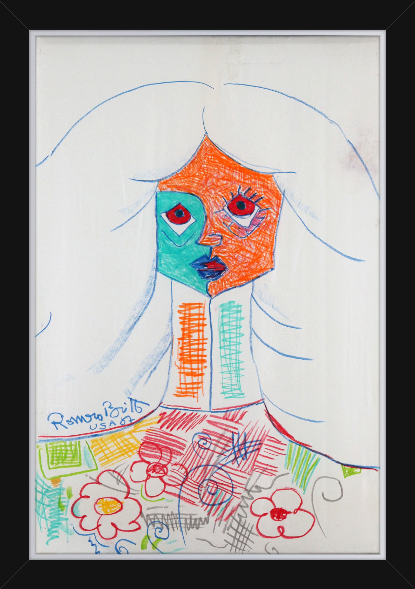 Romero Britto pure white original vintage drawing  colorful pop art design