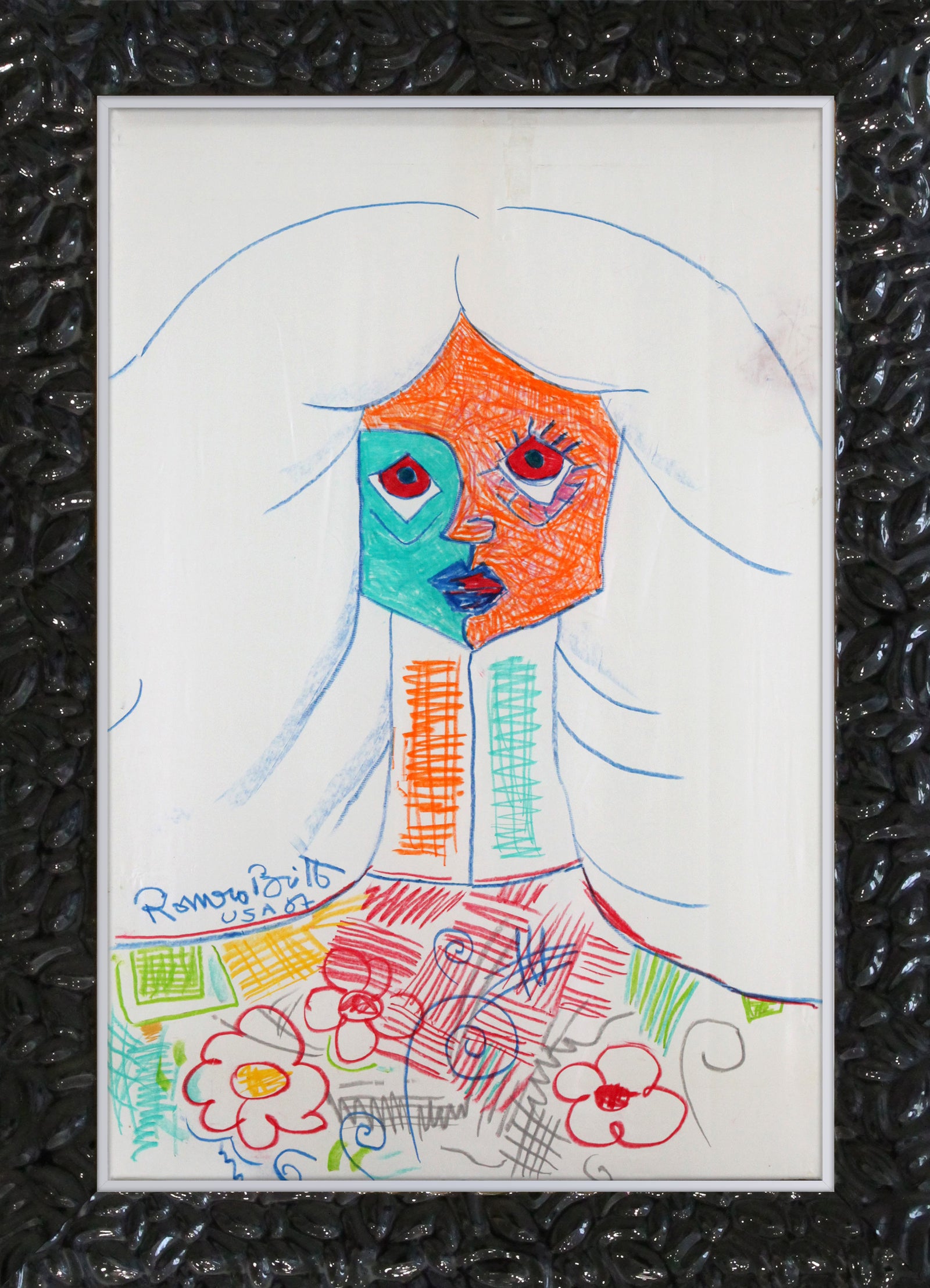 Romero Britto pure white original vintage drawing  contemporary pop art piece