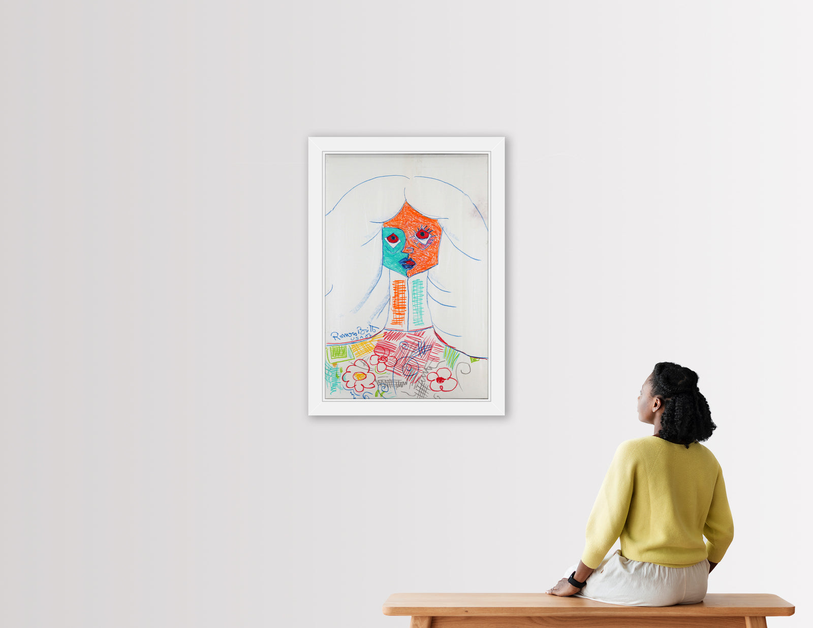 pure white original vintage drawing  artistic colorful design collectible