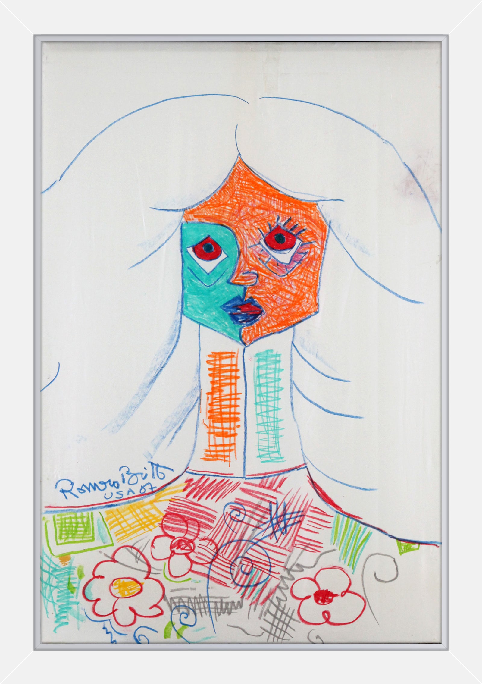 pure white original vintage drawing  artistic colorful design collectible