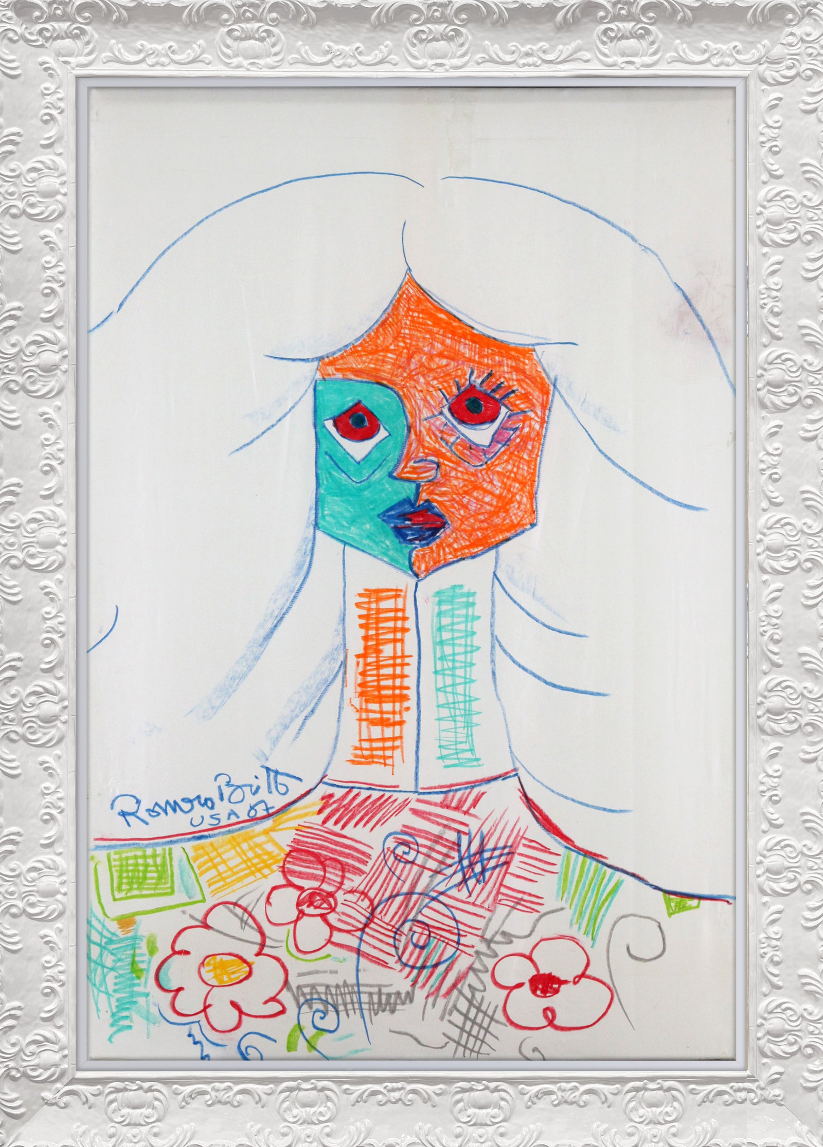 Romero Britto pure white original vintage drawing  colorful pop art design