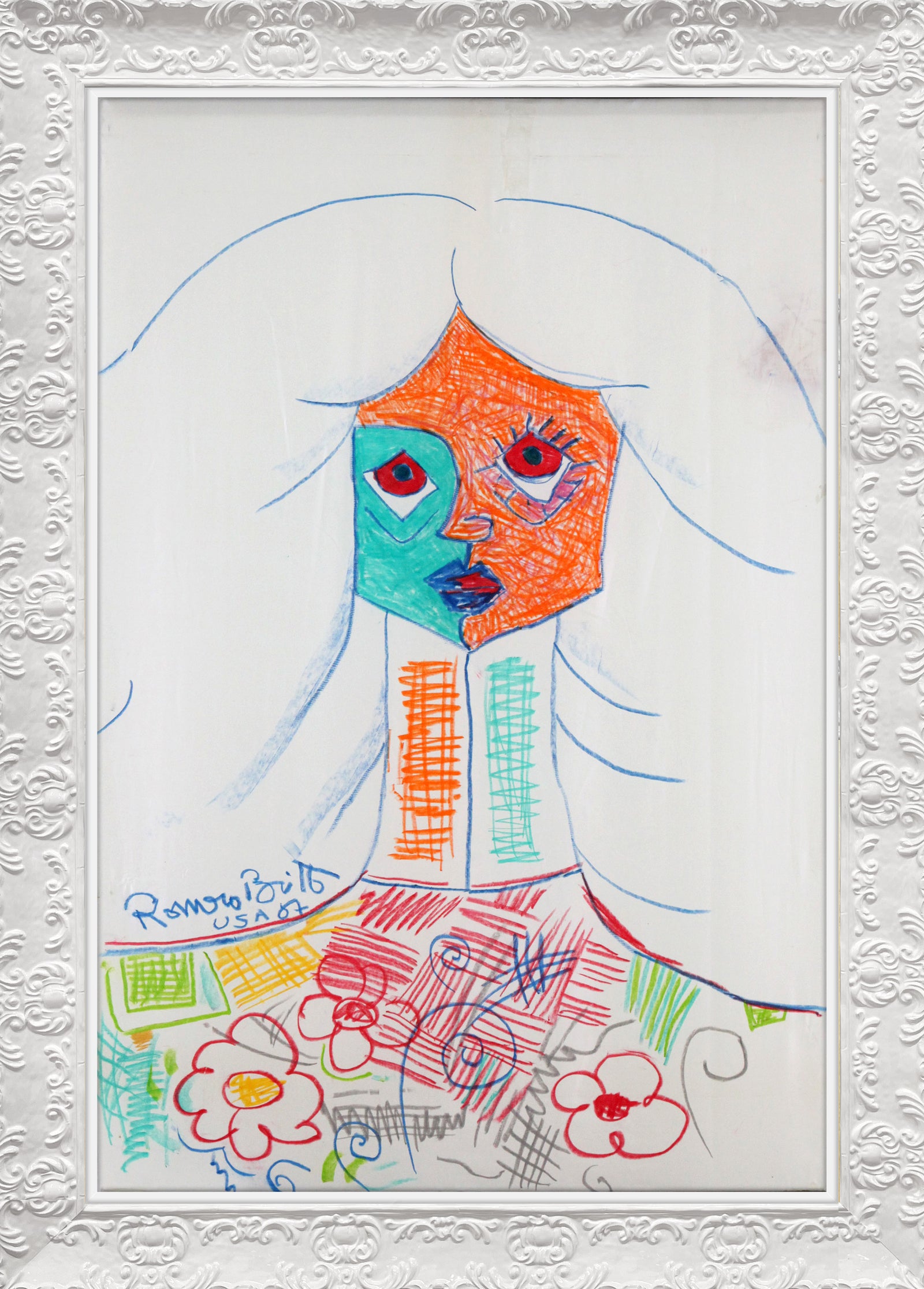 Romero Britto pure white original vintage drawing  colorful pop art design