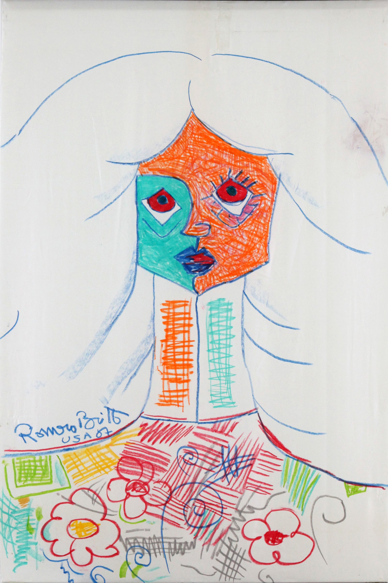 Romero Britto pure white original vintage drawing  colorful pop art design