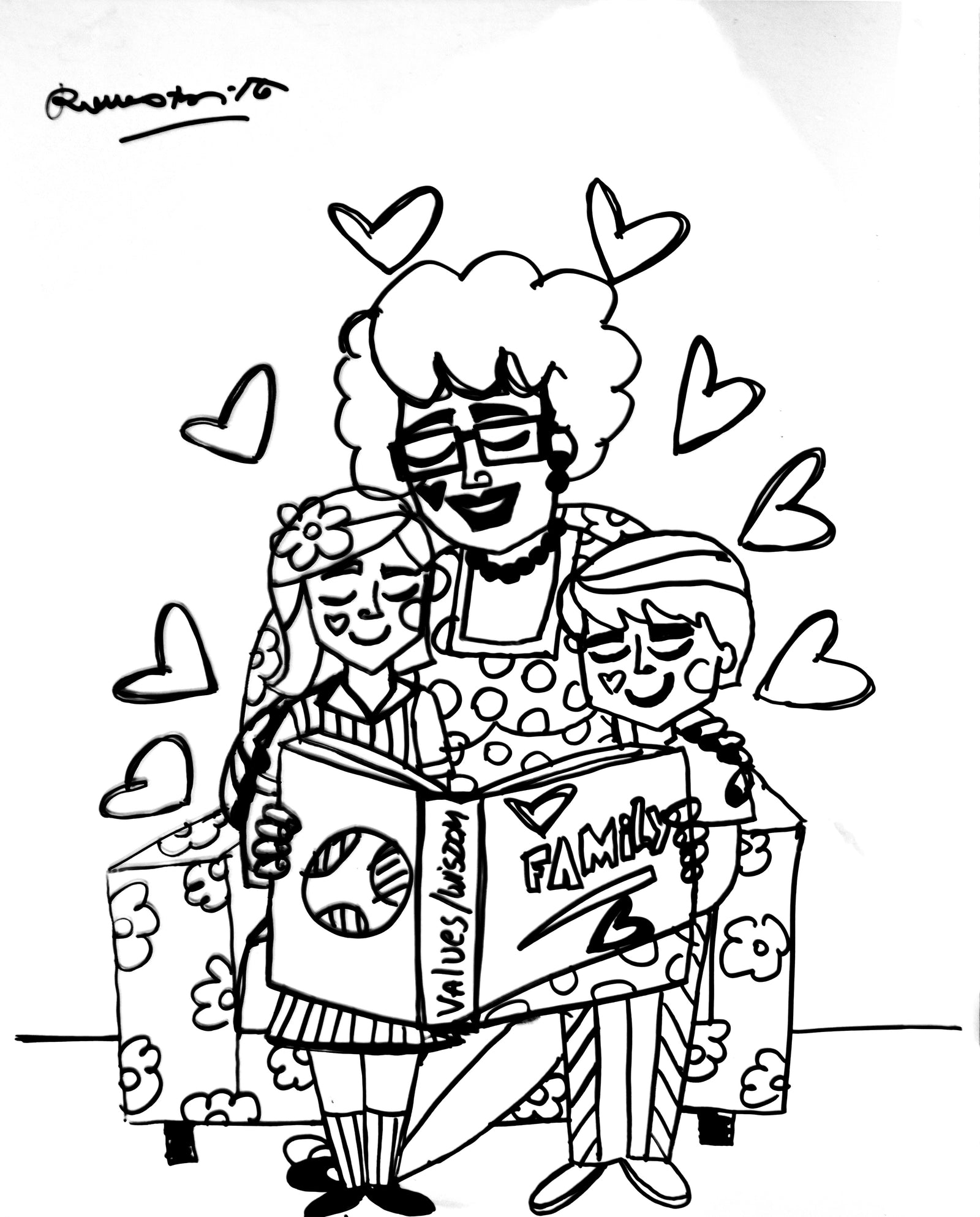 Romero Britto values and wisdom original drawing  colorful pop art design