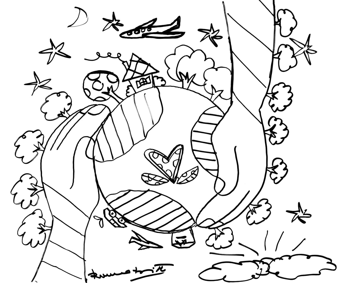 Romero Britto our planet original drawing  colorful pop art design