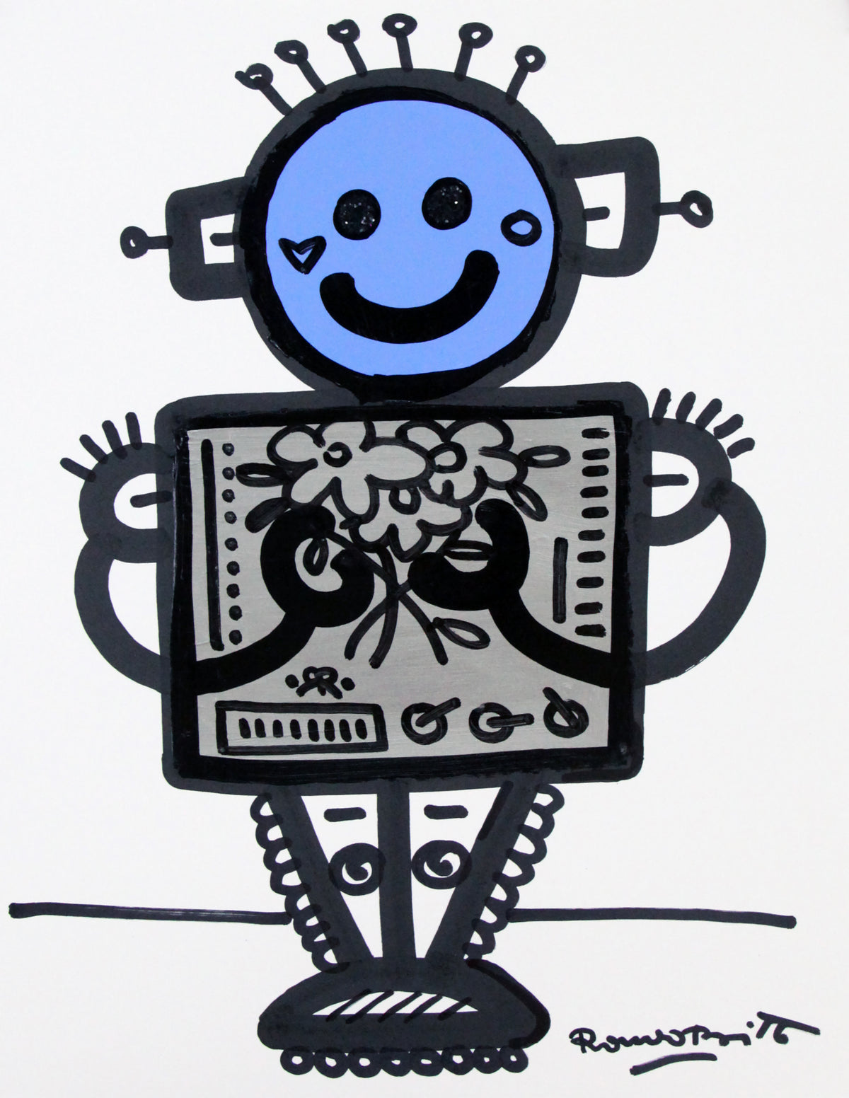 Romero Britto baby blue original drawing  colorful pop art design