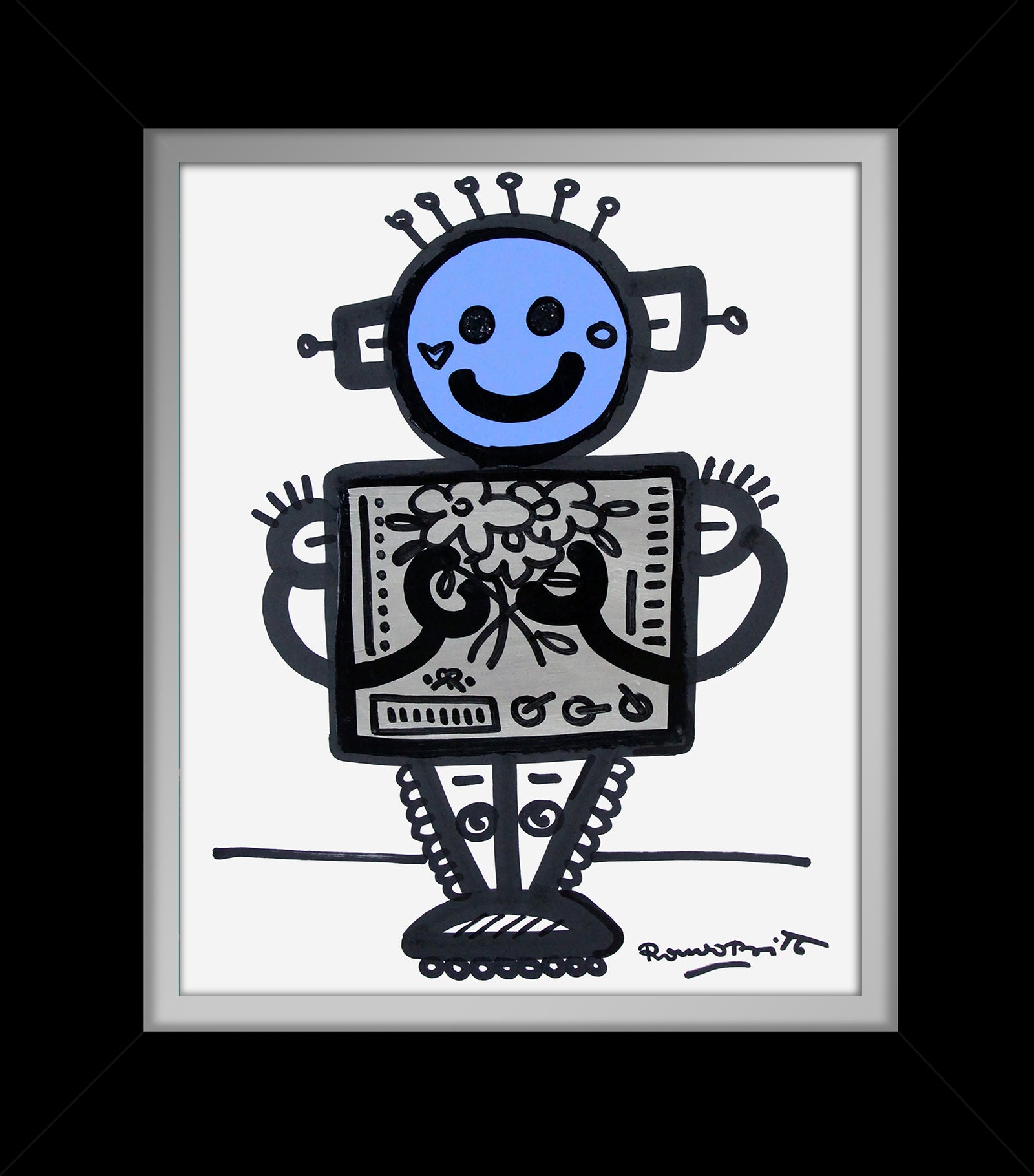 Romero Britto baby blue original drawing  contemporary pop art piece