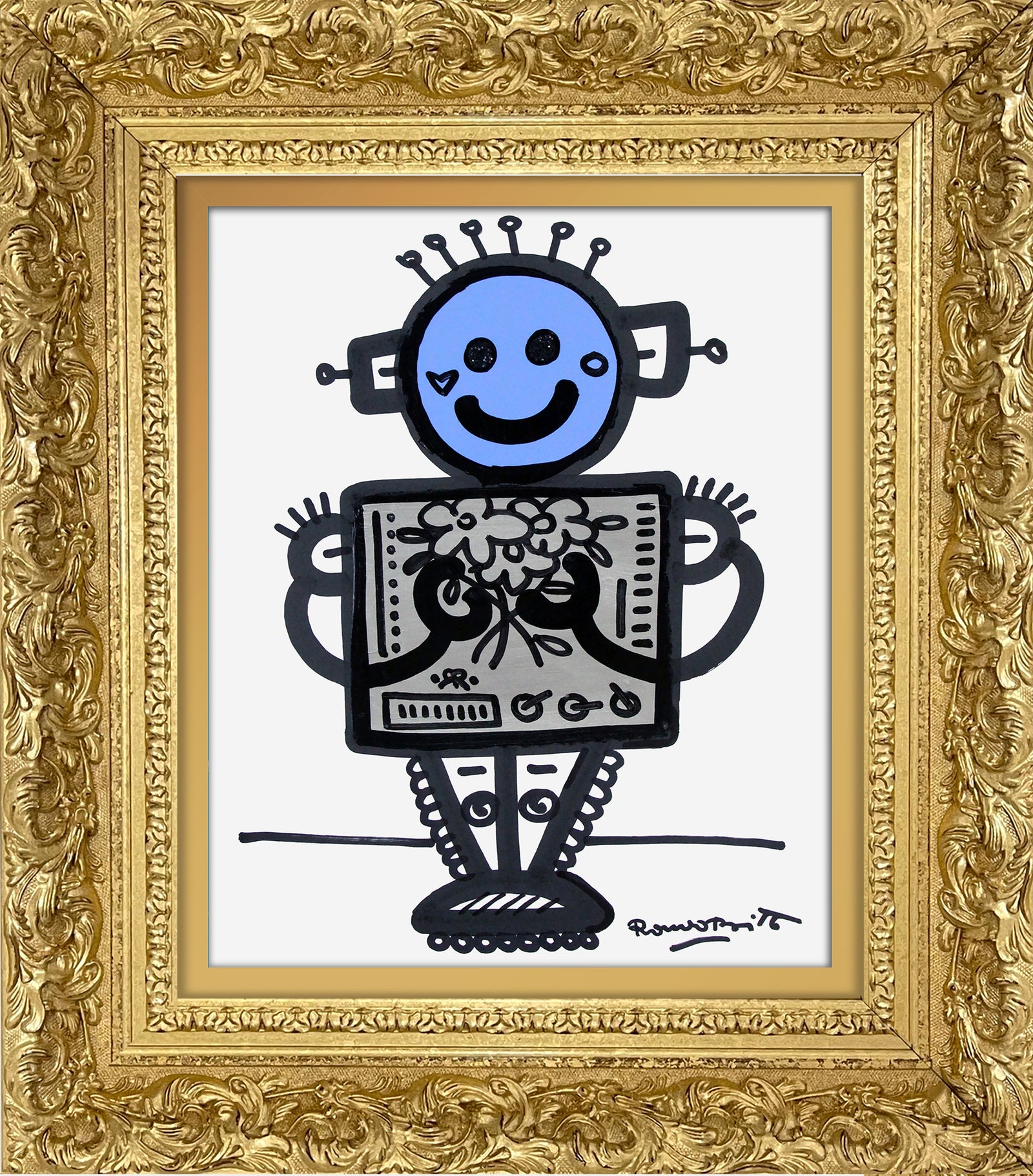 Romero Britto baby blue original drawing  contemporary pop art piece