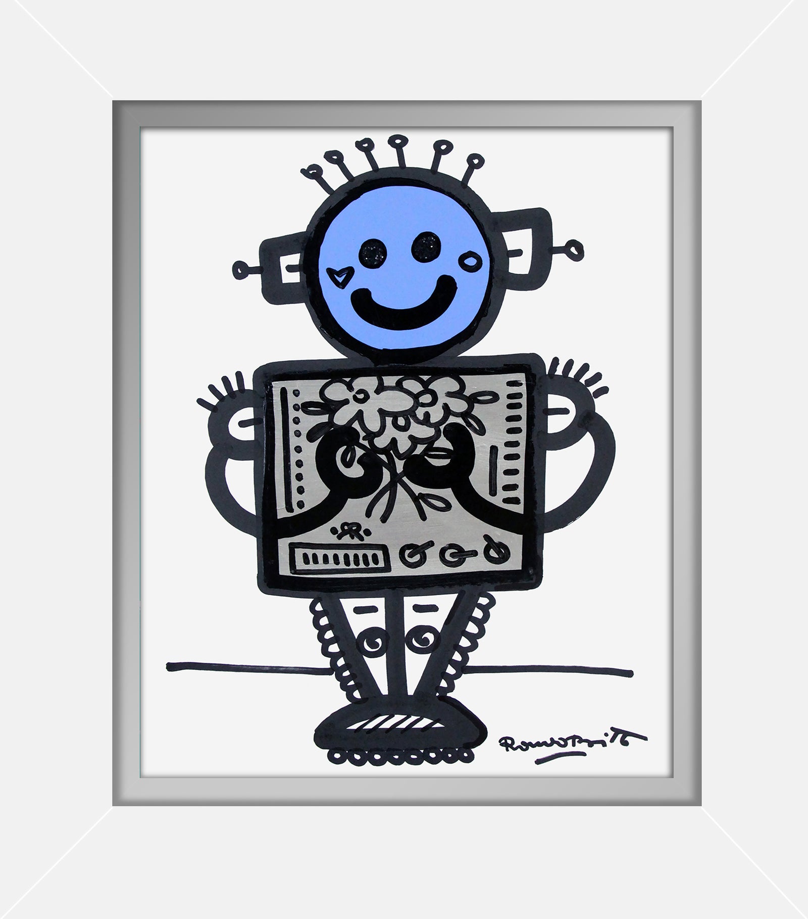 modern pop art baby blue original drawing  vibrant home decor