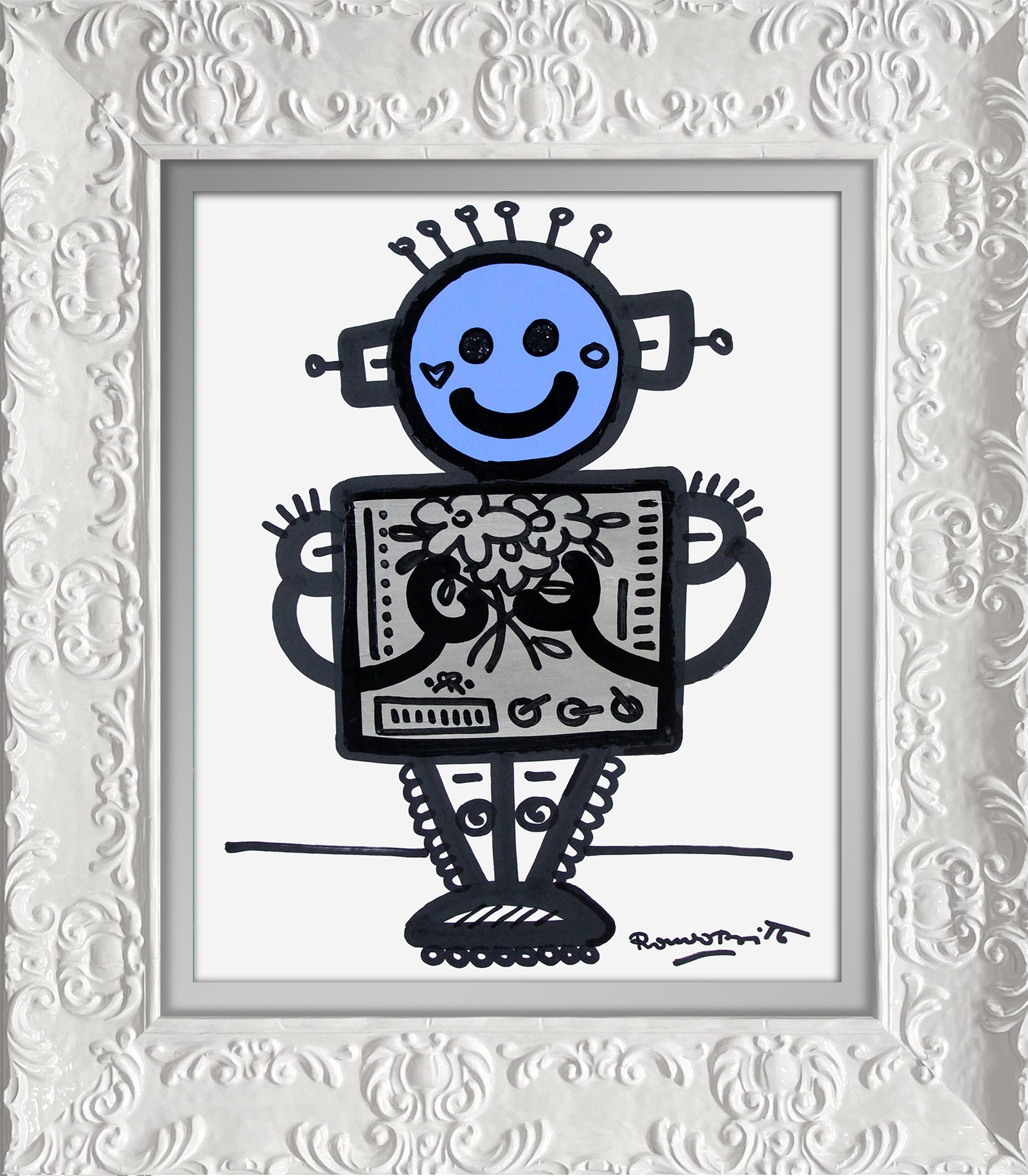 Romero Britto baby blue original drawing  contemporary pop art piece