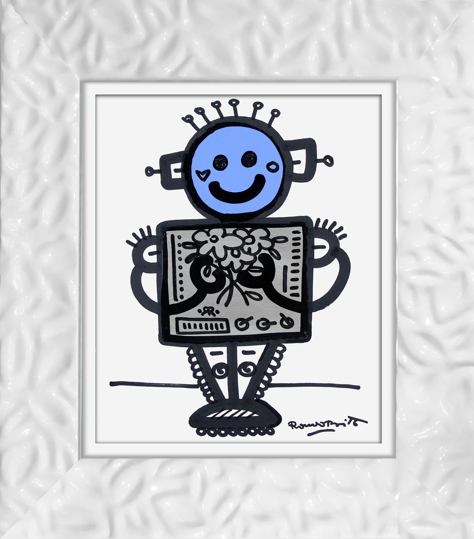 modern pop art baby blue original drawing  vibrant home decor