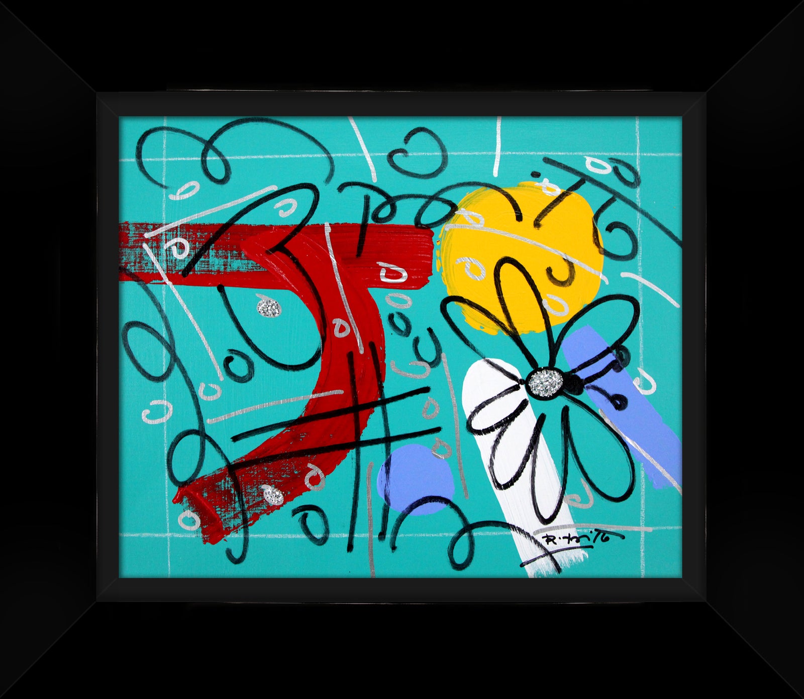 Romero Britto teal garden original drawing  contemporary pop art piece