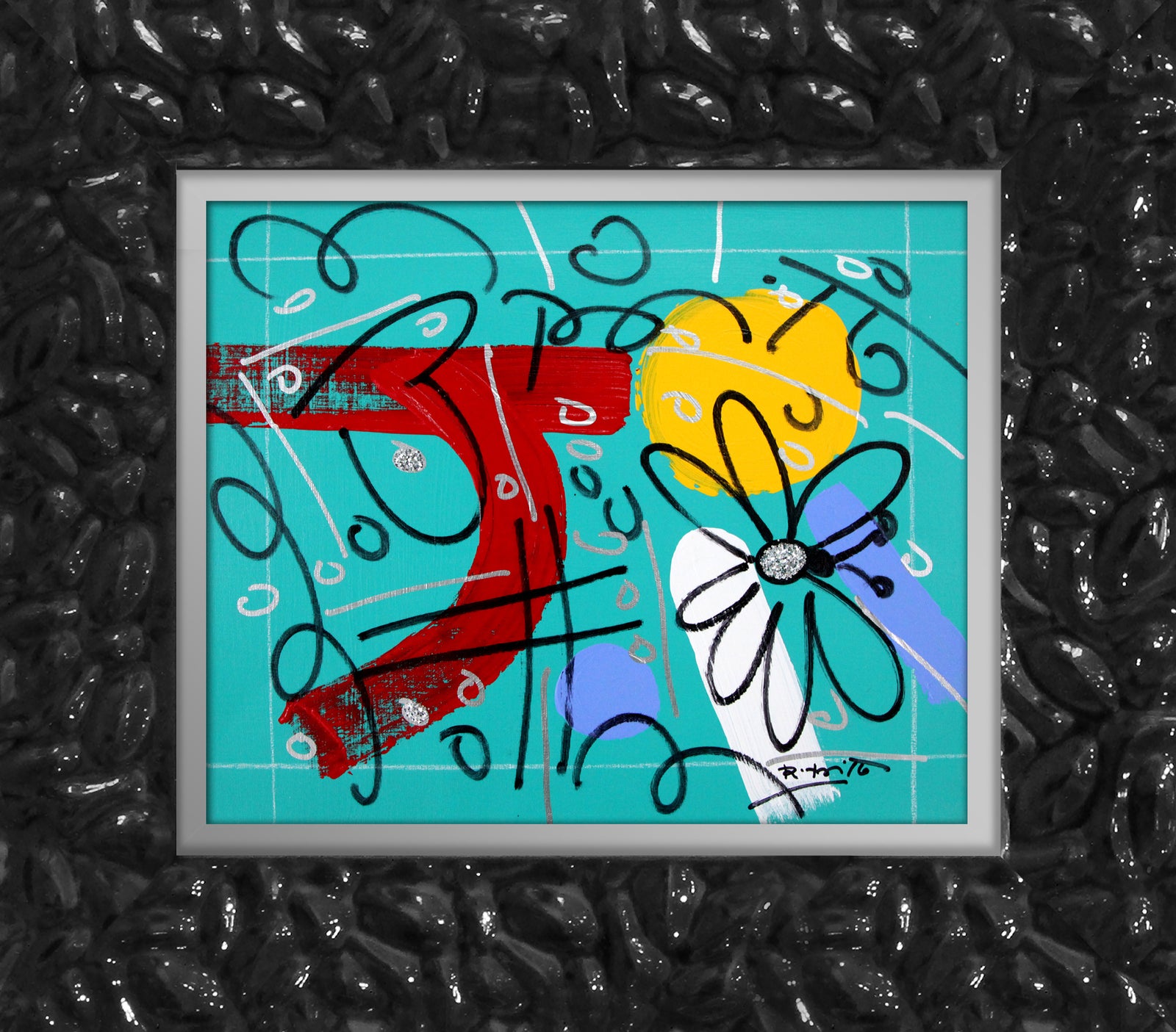 teal garden original drawing  artistic colorful design collectible
