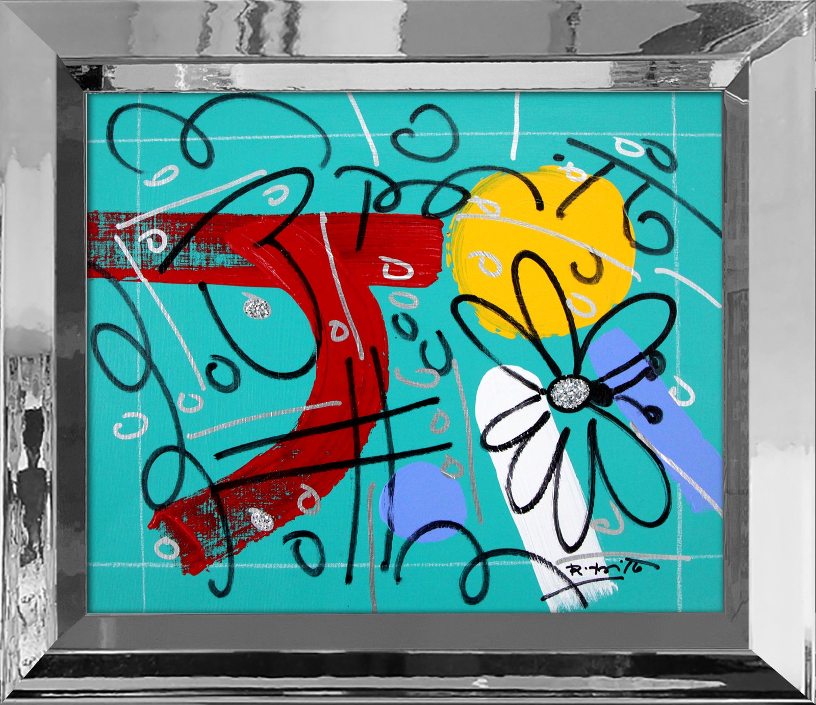 Romero Britto teal garden original drawing  contemporary pop art piece