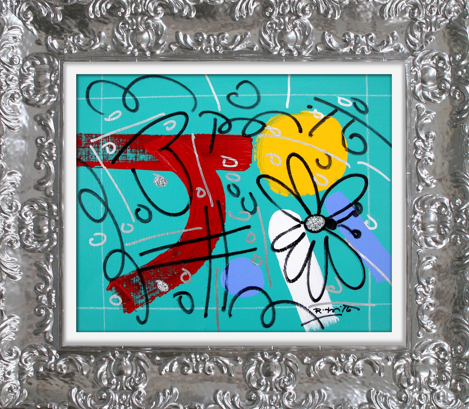 teal garden original drawing  colorful decorative collectible gift idea