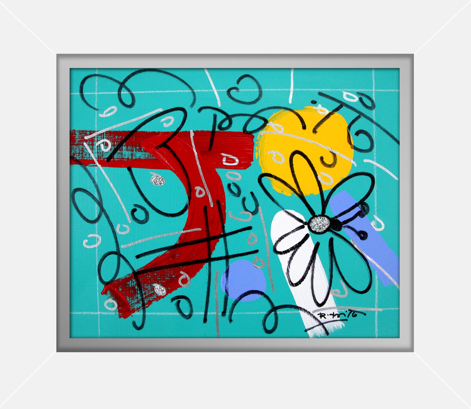 modern pop art teal garden original drawing  vibrant home decor