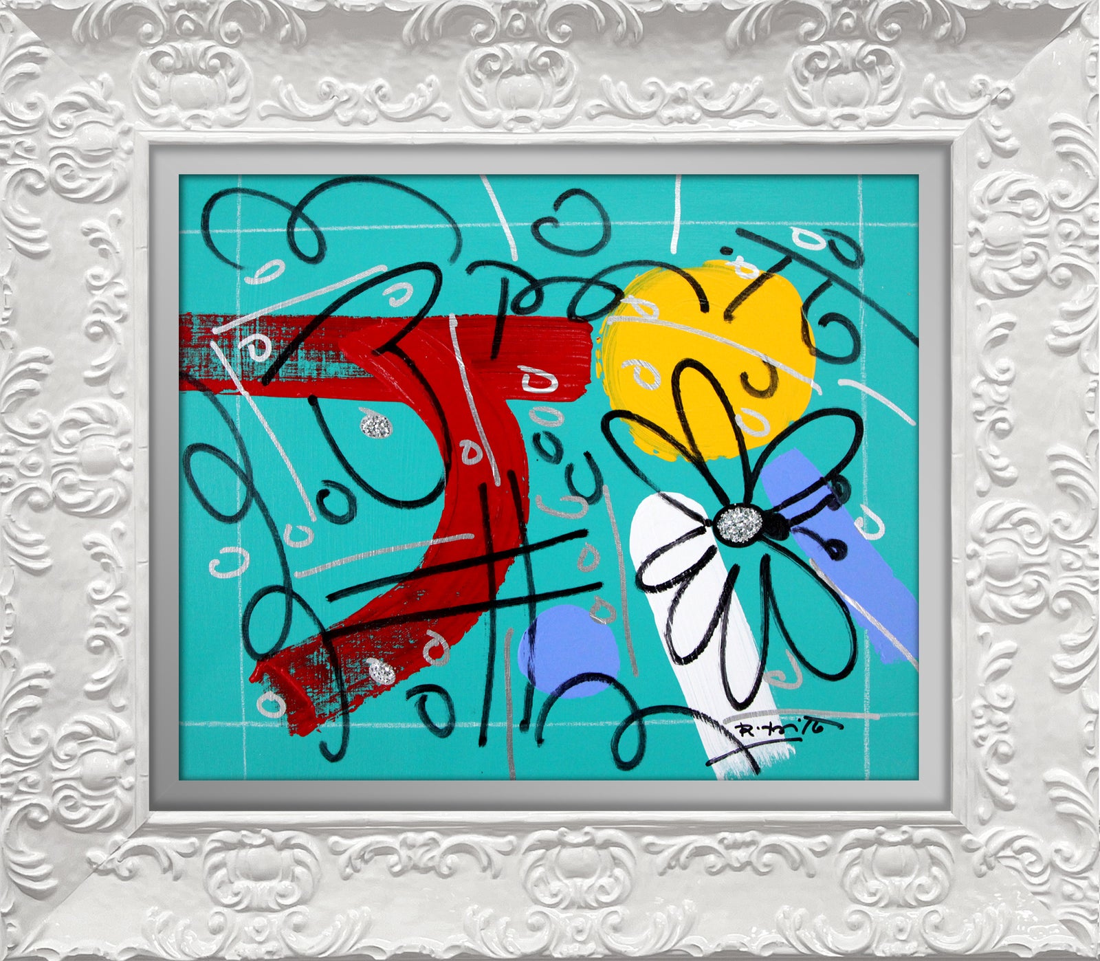 Romero Britto teal garden original drawing  contemporary pop art piece