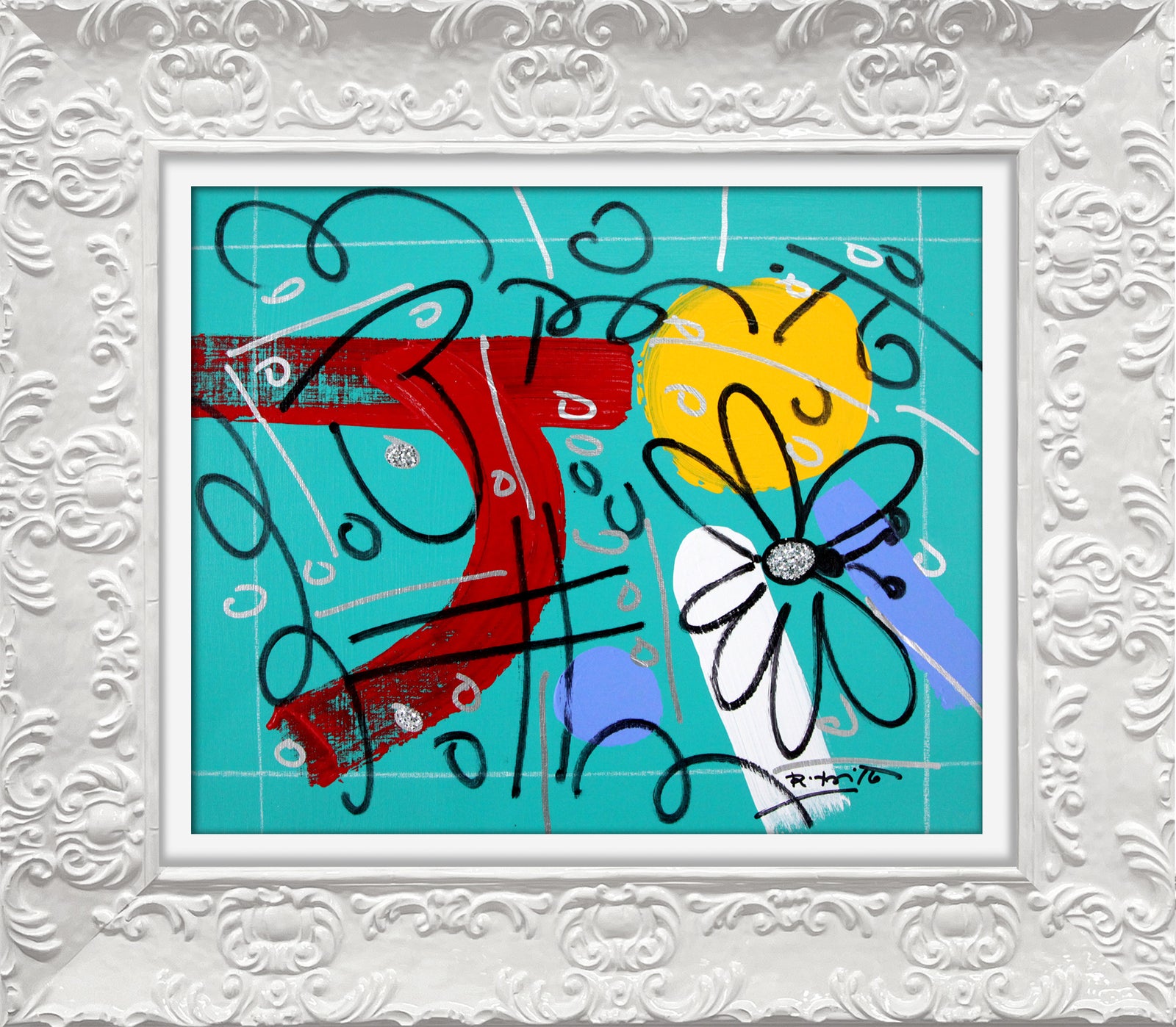 Romero Britto teal garden original drawing  colorful pop art design