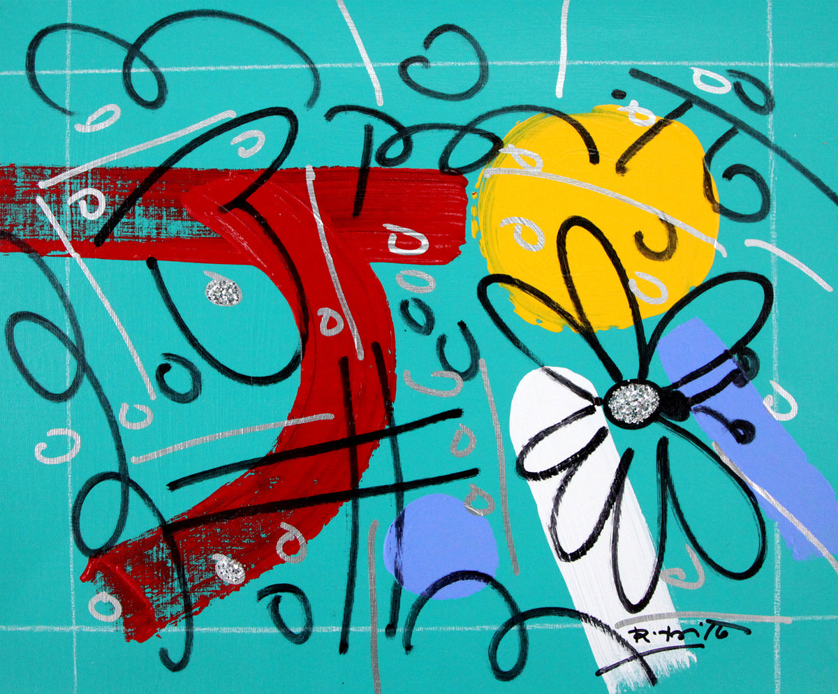 Romero Britto teal garden original drawing  colorful pop art design