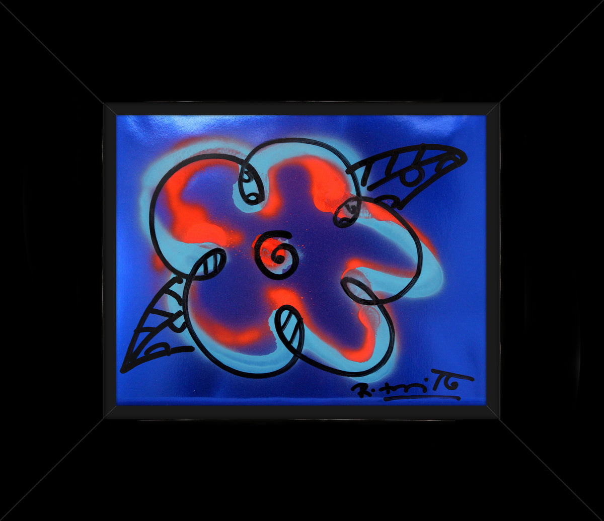 Romero Britto cyan orange and blue flower  contemporary pop art piece