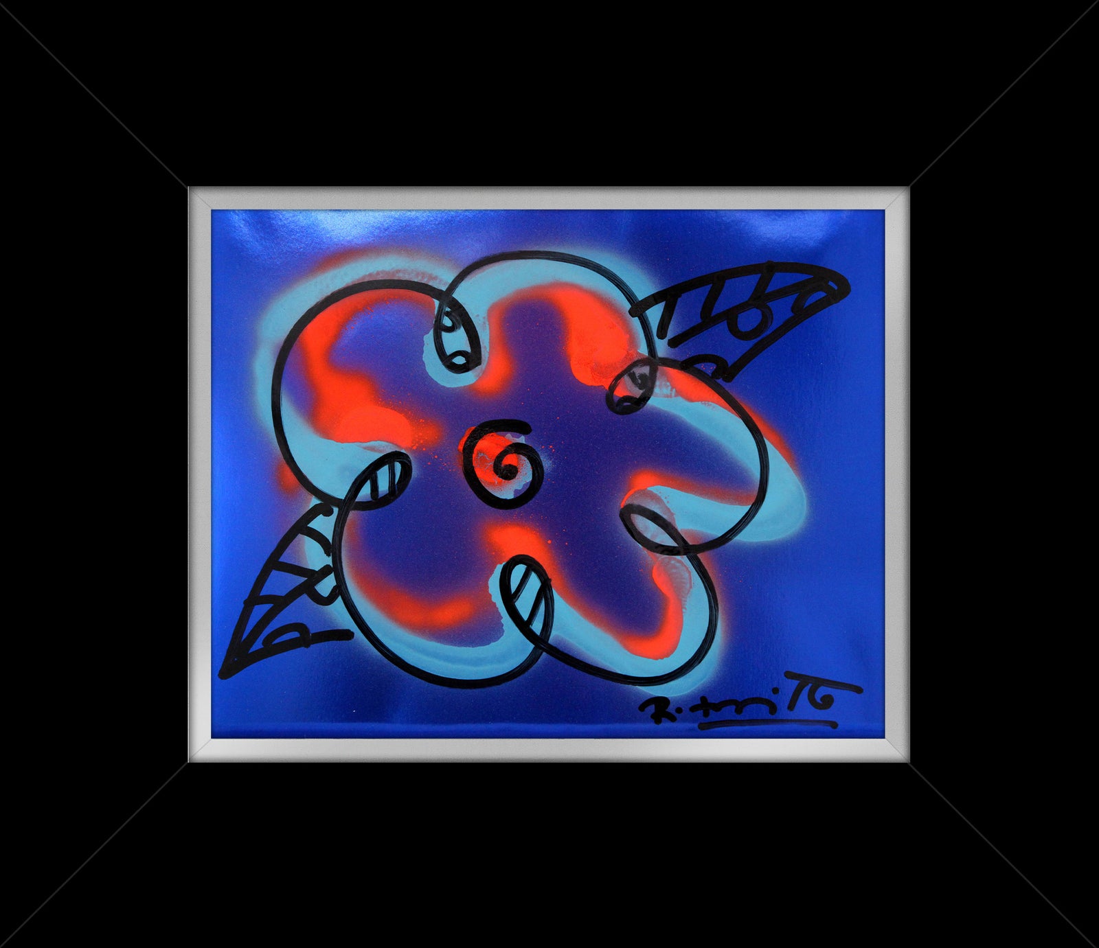 Romero Britto cyan orange and blue flower  colorful pop art design