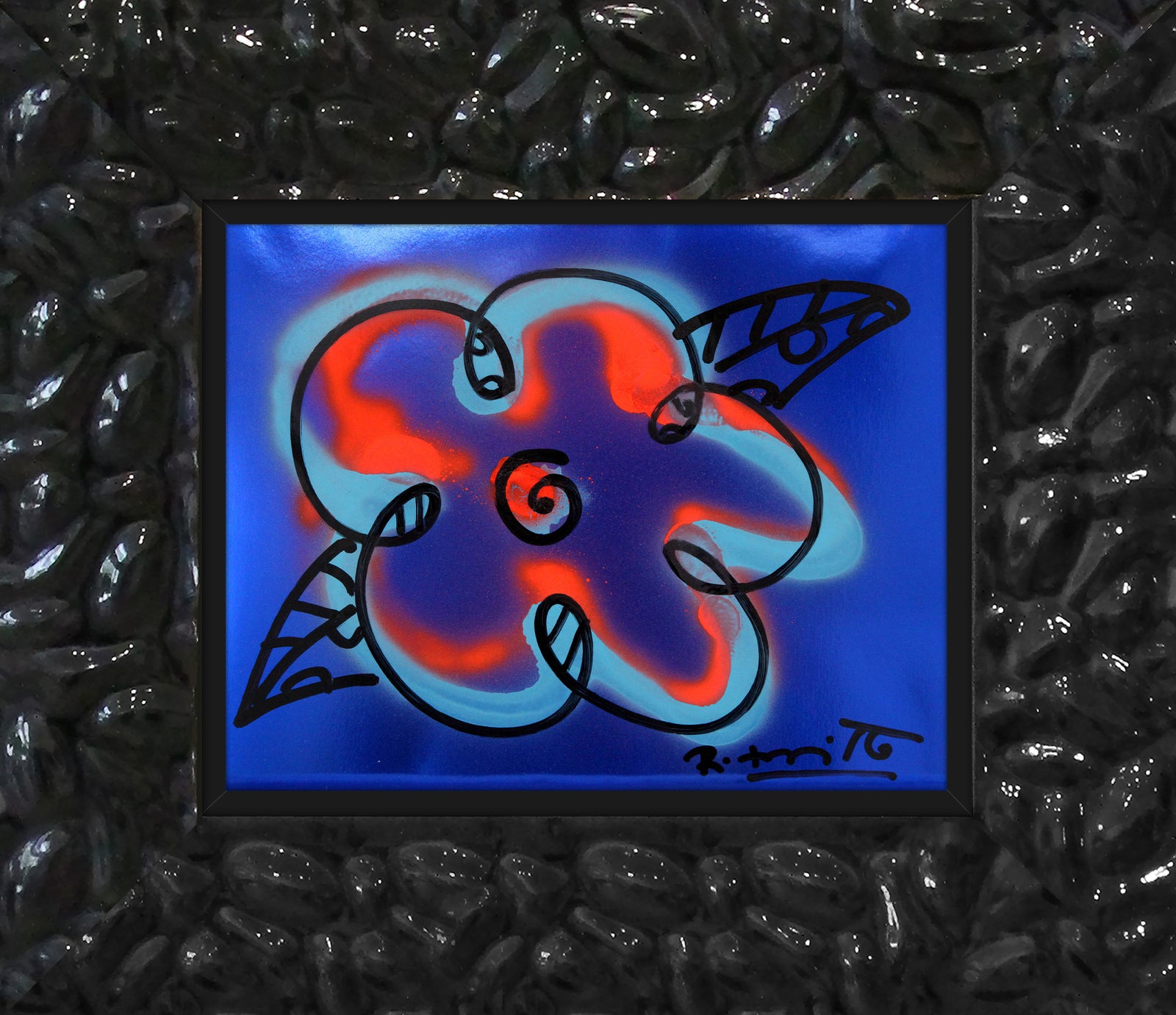 Romero Britto cyan orange and blue flower  colorful pop art design