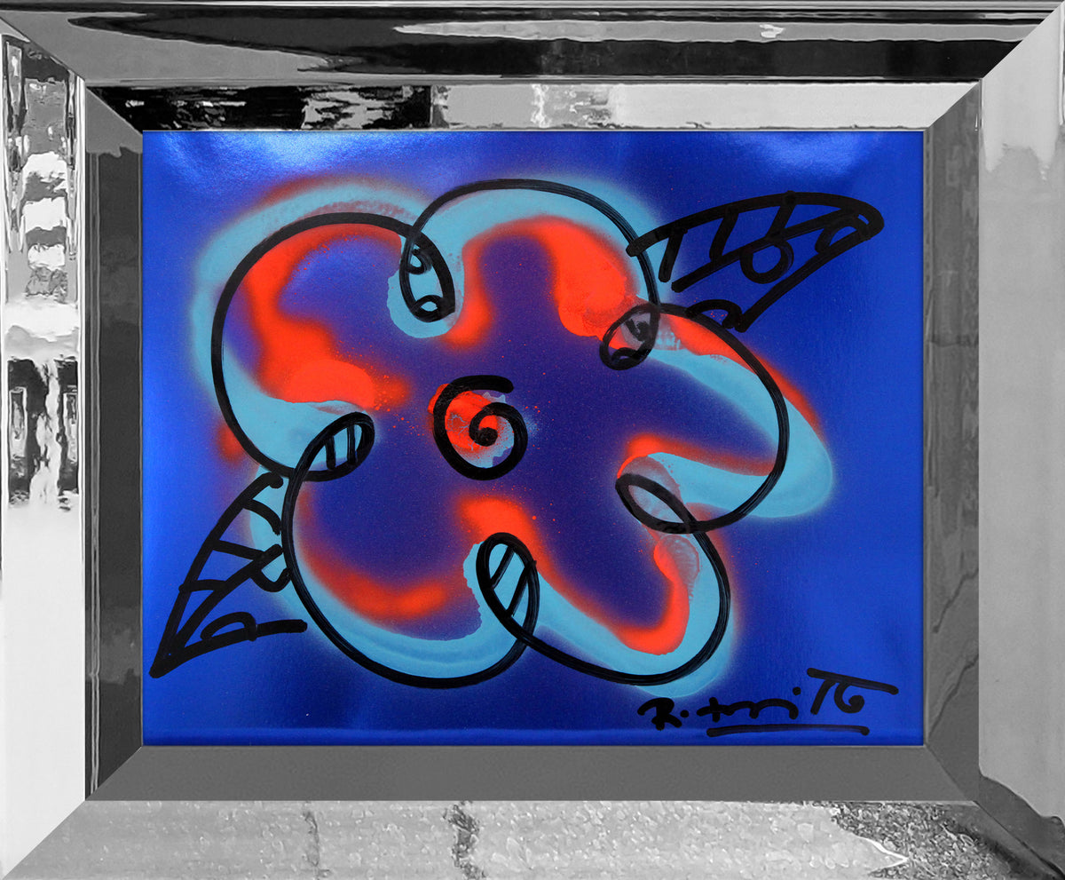 Romero Britto cyan orange and blue flower  contemporary pop art piece