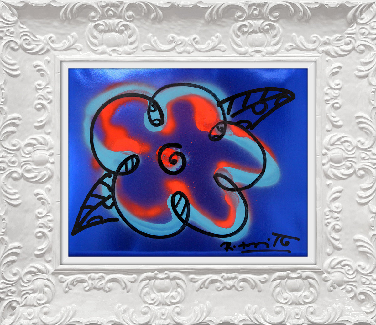 Romero Britto cyan orange and blue flower  contemporary pop art piece