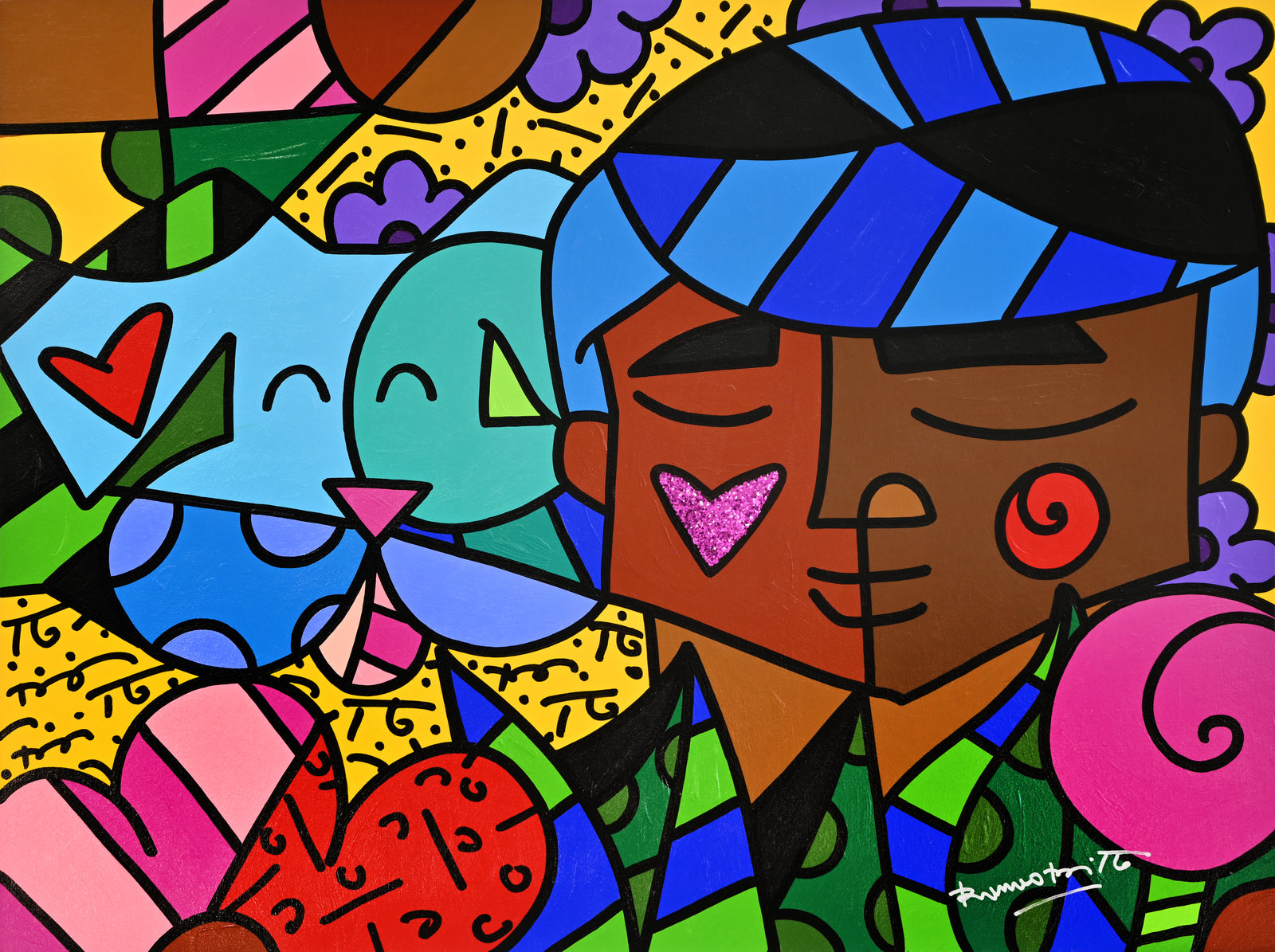 Romero Britto amigos original painting  colorful pop art design