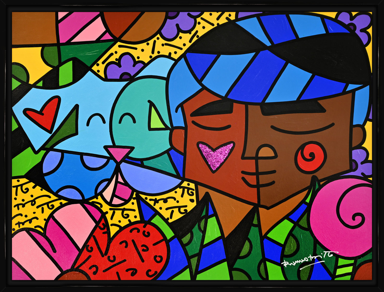 Romero Britto amigos original painting  contemporary pop art piece