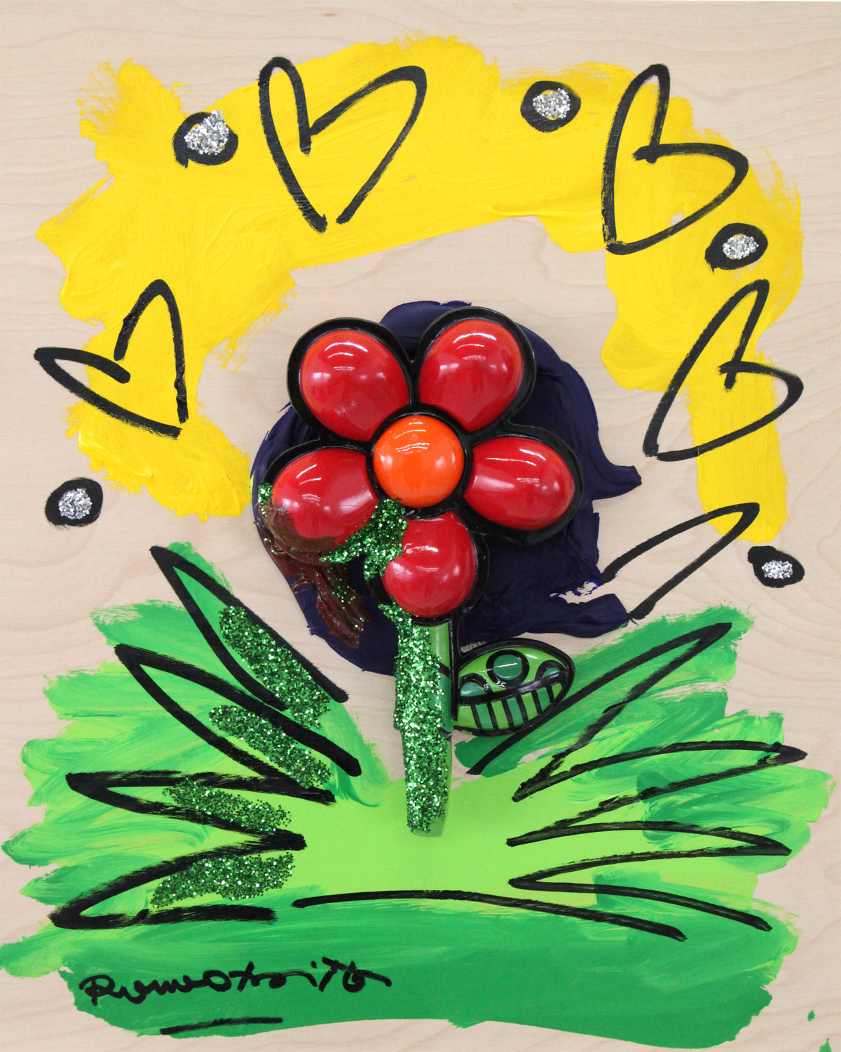 Romero Britto red flower assemblage original object  colorful pop art design