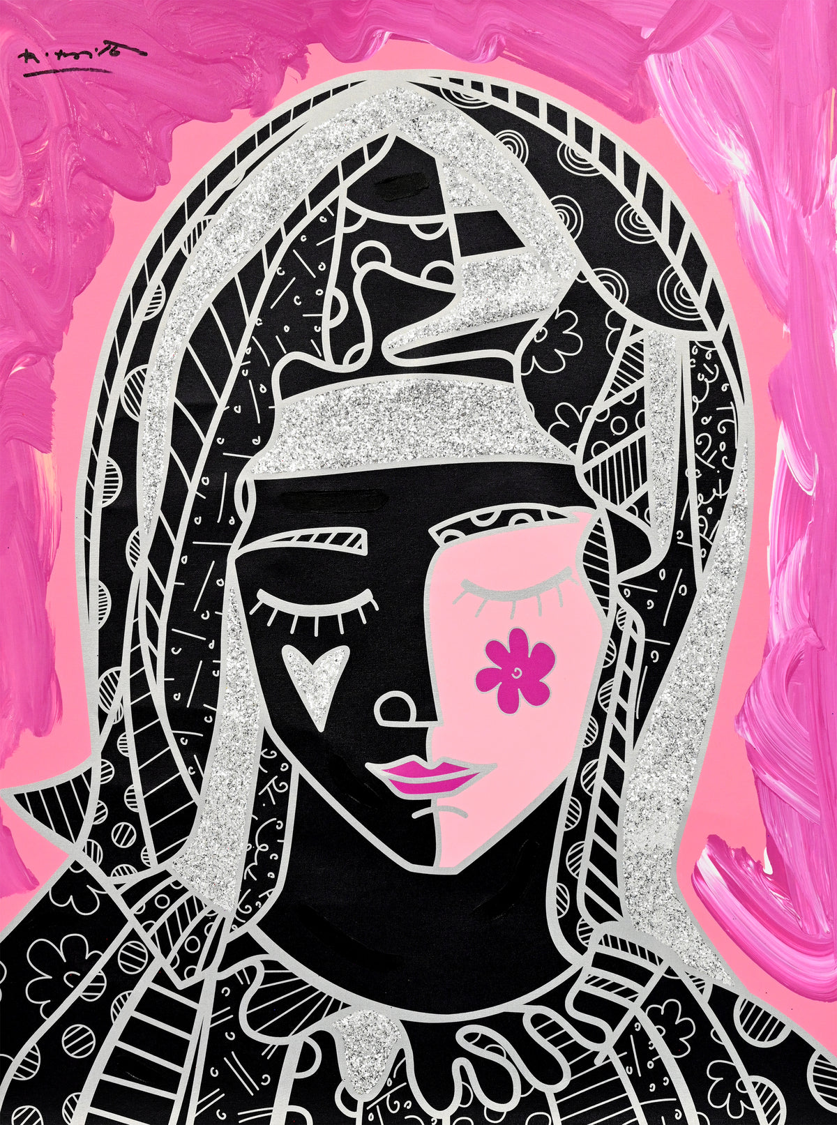Romero Britto mother in pink silver mixed  colorful pop art design