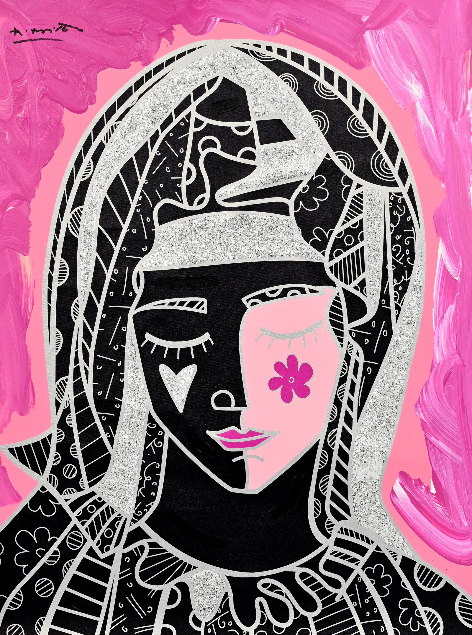 Romero Britto mother in pink silver mixed  colorful pop art design